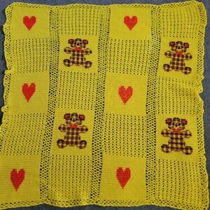 Handmade Crochet Yellow Baby Blanket Teddy Bear Heart Squares Soft Nursery Decor